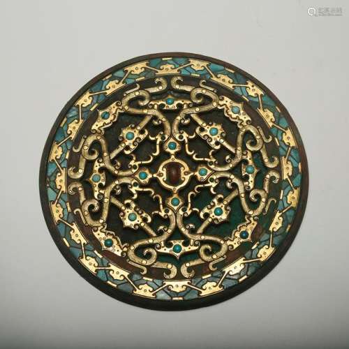 CHINESE BRONZE MIRROR W. GILT AND SILVER INLAID