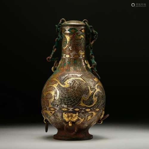 CHINESE BRONZE VESSEL INLAID GILT AND SILVER