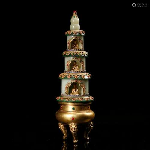 CHINESE GILT BRONZE STUPA W. WHITE JADE