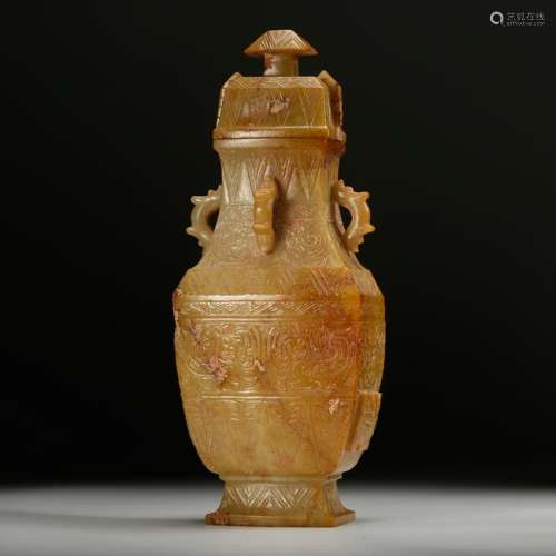 CHINESE ARCHAIC JADE TAOTIE MASK COVER VASE