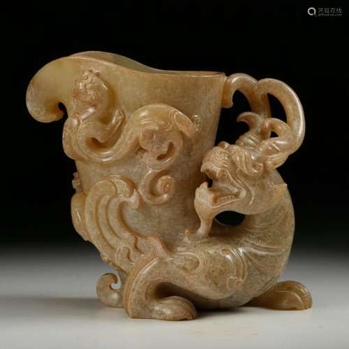 CHINESE ARCHAIC JADE BEAST LIBATION CUP