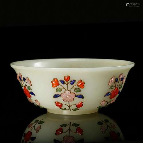 CHINESE WHITE JADE BOWL INLAID SEMI STONES