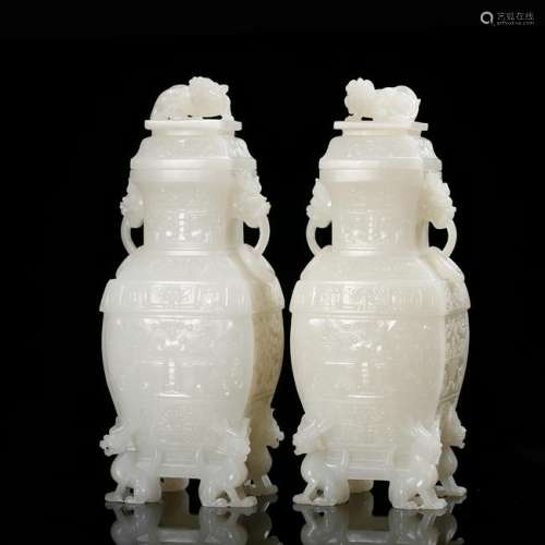 CHINESE WHITE JADE COVER VASES, PAIR