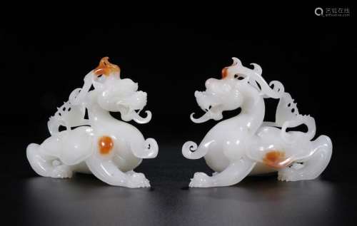 CHINESE WHITE JADE DRAGONS, PAIR