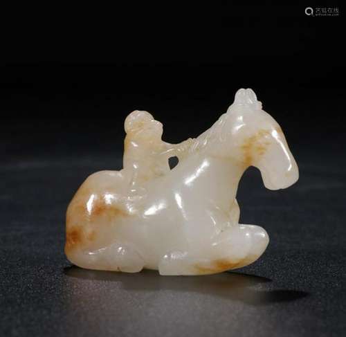 CHINESE WHITE JADE CARVED MONKEY ON HORSEBACK