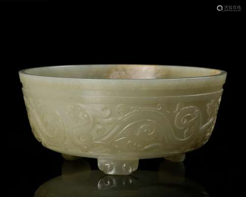 CHINESE CELADON JADE CARVED TRIPOD CENSER