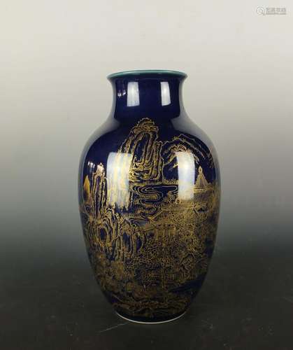 CHINESE GILDED INDIGO BLUE GLAZED PORCELAIN VASE