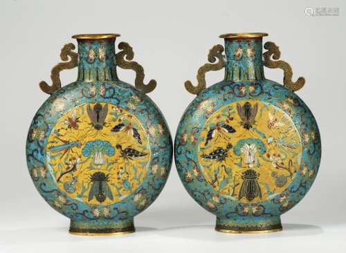 CHINESE CLOISONNE MOON FLASK VASES, PAIR