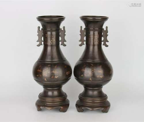 CHINESE BRONZE VASES INLAID SILVER WIRE, PAIR