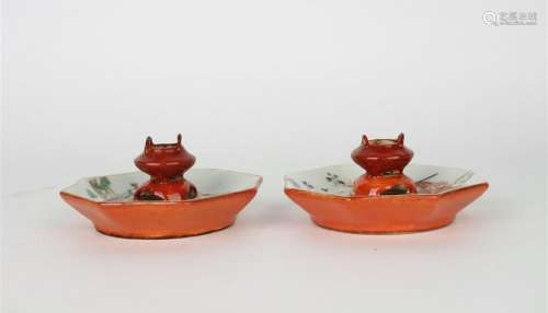 CHINESE FAMILLE ROSE PORCELAIN CANDLE STAND, PAIR