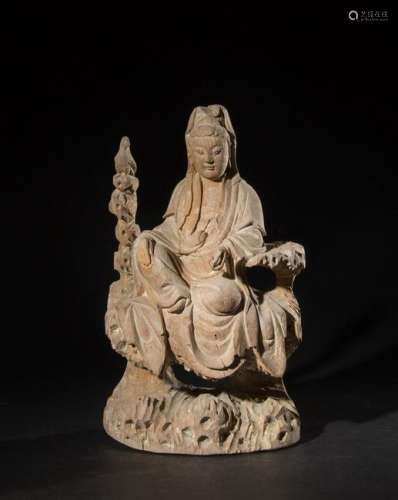 CHINESE WOOD CARVED FIGURE OF GUANYIN