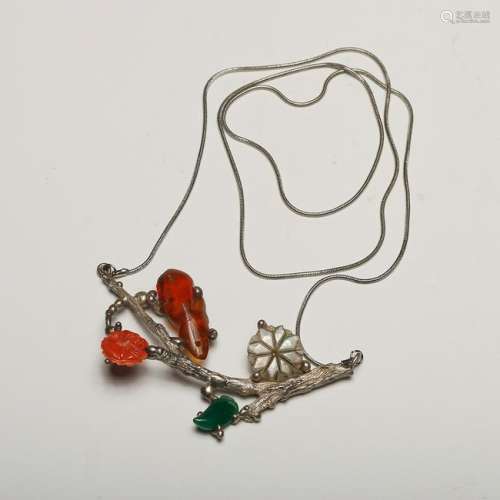 CHINESE JADE AND CORAL ON SILVER NECKLACE