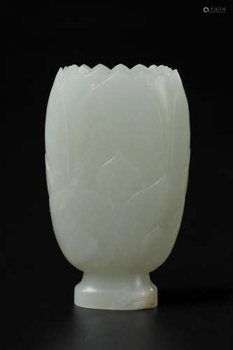 CHINESE WHITE JADE LOTUS FLOWER VASE, QING