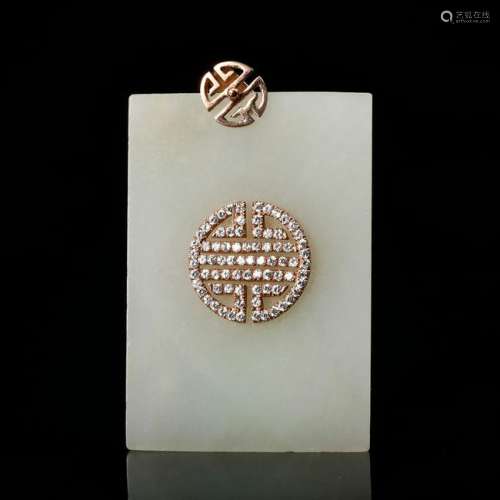 CHINESE WHITE JADE PLAQUE WITH ROSE GOLD AND DIAMO