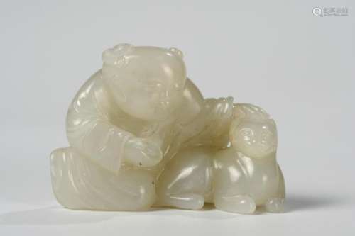 CHINESE WHITE JADE BOY WITH CAT, QING DYNASTY