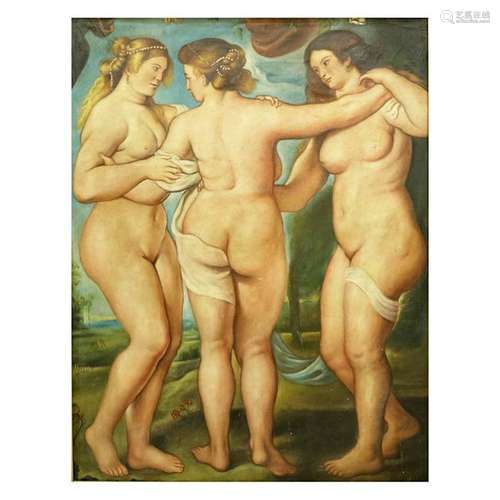 19 / 20C Oil on Canvas Classical Three Graces