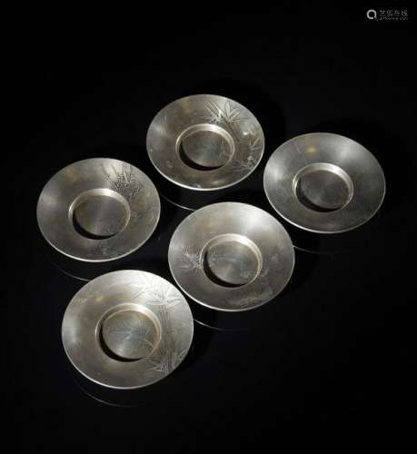 CHINESE PEWTER TEACUP SAUCERS, SET OF 5