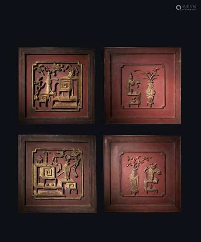 CHINESE LACQUER WOOD WALL PANELS, SET OF 4