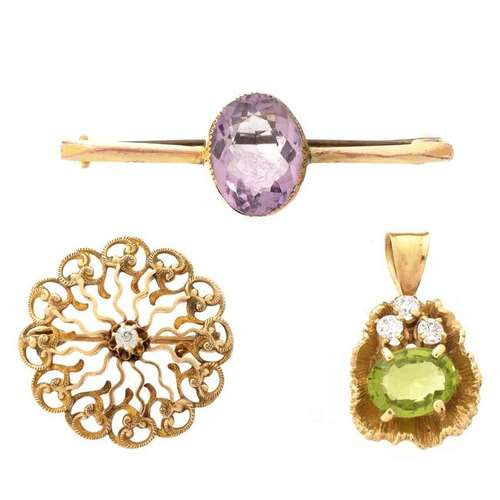 Two Gold and Gemstone Pins, One Pendant