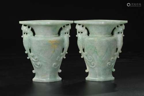 CHINESE QING DYNASTY JADEITE PHOENIX VASES, PAIR