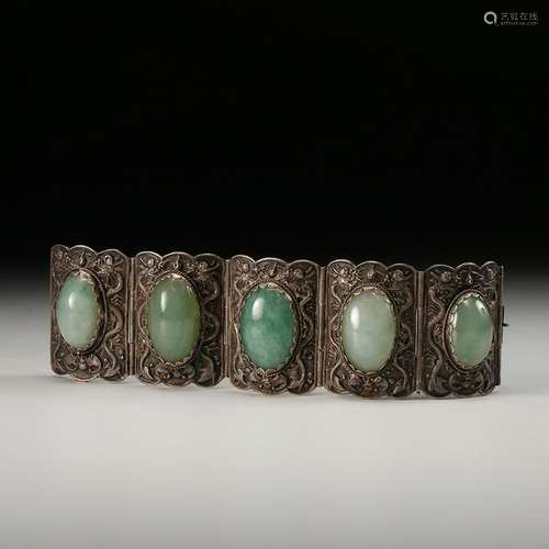 CHINESE JADEITE ON SILVER BRACELET