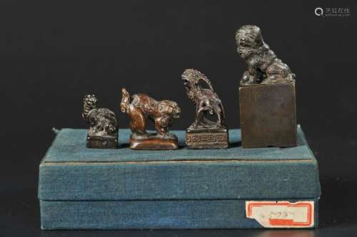 CHINESE QING DYNASTY BRONZE ANIMAL SEALS, SET OF 4