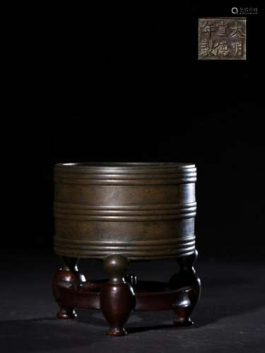 CHINESE BRONZE TRIPOD CENSER WITH XUANDE MARK