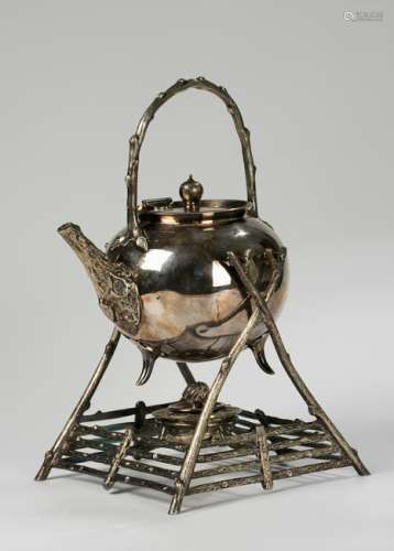 CHINESE SILVER TEAPOT WITH STAND AND BURNER