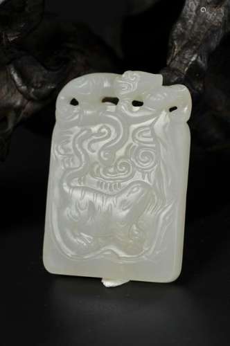 CHINESE WHITE JADE TIGER PLAQUE PENDANT