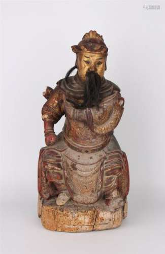 CHINESE GILDED WOOD FIGURE OF GUANDI