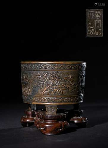 CHINESE BRONZE CENSER WITH FLOWER MOTIF, MARKED