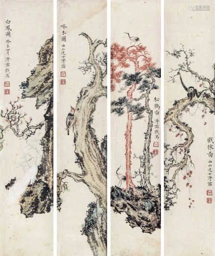 溥儒 戏猿、松鹤、啄木、白凤四屏 镜框 纸本