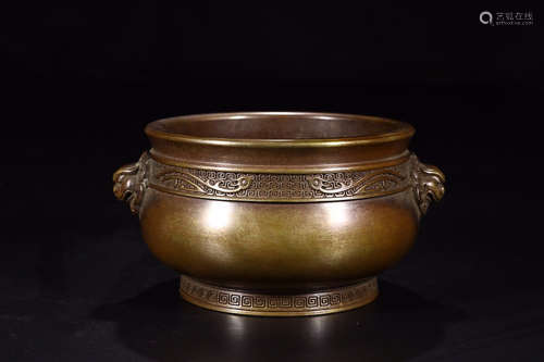 ZHENGDE MARK BRONZE LION-EAR CENSER