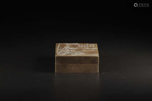 BRONZE SHANSHUI PATTERN SQUARE INK BOX