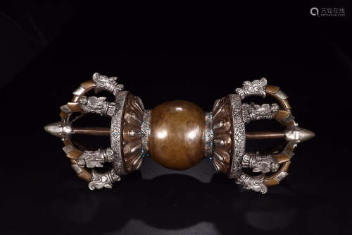 BRONZE WITH SILVER INLAID JINGANGCHU WITH AMBER AND CALAITE