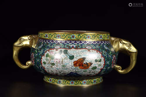 QIANLONG MARK CLOISONNE LOTUS PATTERN AND ELEPHANT-EAR CENSER