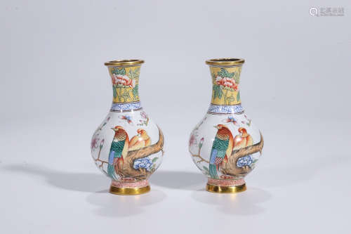 QIANLONG MARK ENAMEL BRONZE FLOWER AND BIRD VASE IN PAIR