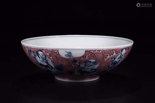 TONGZHI MARK ROUGE GLAZE BLUE WHITE BAXIAN BIG BOWL