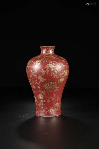 YONGZHENG MARK RED GLAZE COLOR-MELON PAINTED MEIPING