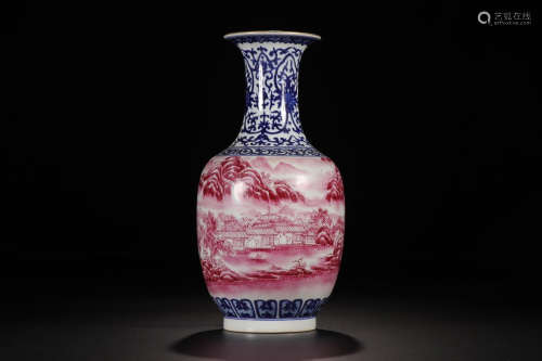 QIANLONG MARK BLUE WHITE RED GLAZE SHANSHUI VASE