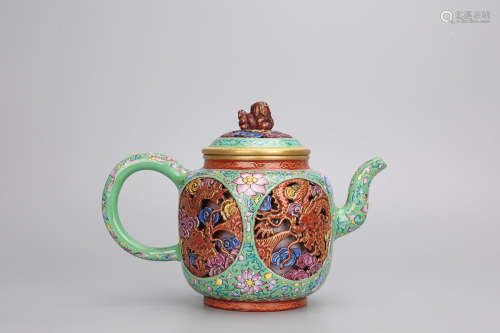 QIANLONG MARK ENAMEL ZISHA TEAPOT