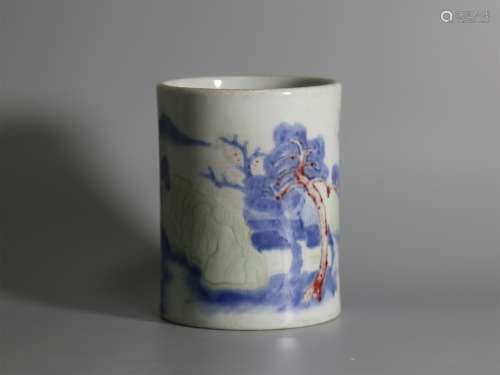 A Chinese Iron-Red Glazed Blue and White Porcelain Brush Pot