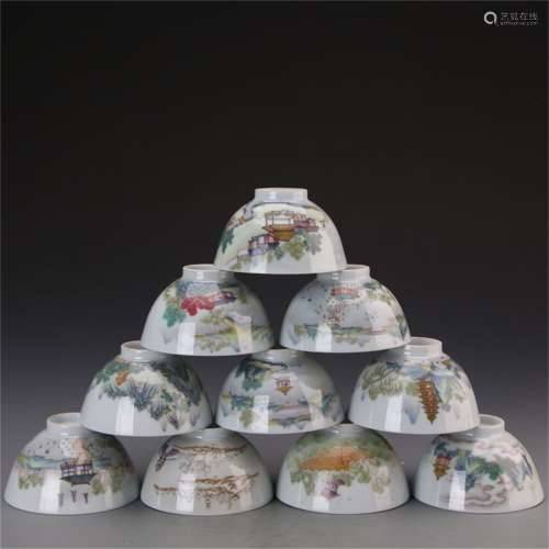 A Set of Ten Enamel Porcelain Bowls