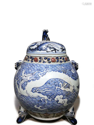 A Chinese Iron-Red Glazed Blue and White Porcelain Jar with Cover