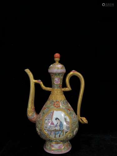 A Chinese Yellow Ground Famille-Rose Porcelain Wine Pot