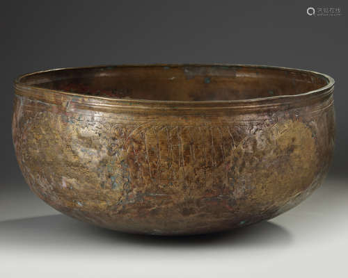 A large Mamluk engraved brass bronze bowl