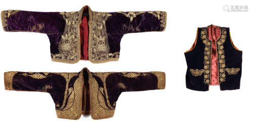 Three Ottoman embroidered velvet jackets