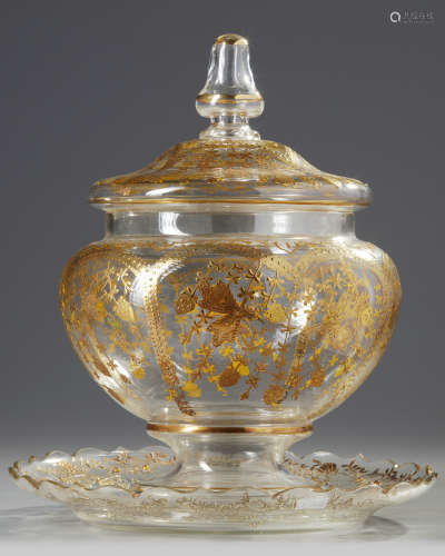 A Venetian glass pot and cover with stand
