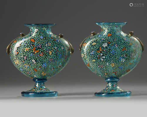 A pair of blue Italian Mozzar glass vases