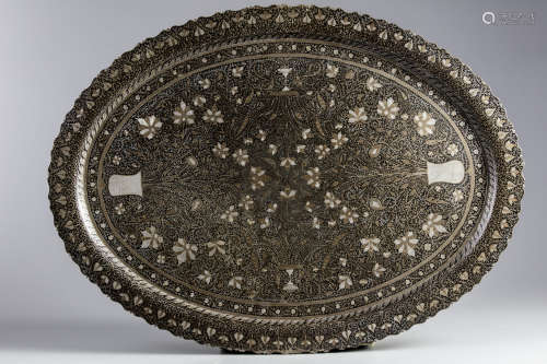 A Mughal oval shaped bidri tray